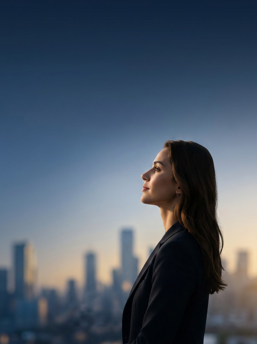 Professionista di profilo che guarda avanti, skyline sullo sfondo